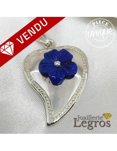 Pendentif Coeur et Fleur Lapis Lazuli en argent 925 Amélioration de cerveau avec