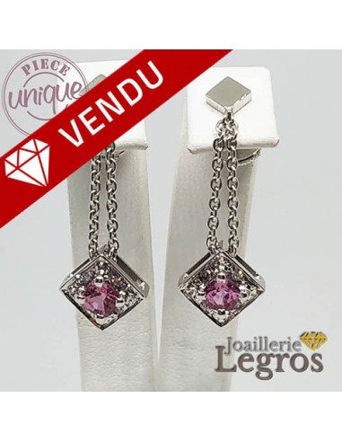 Boucles d'oreilles Saphirs Roses 8 diamants 0,01 ct en or blanc 18 carats Venez acheter