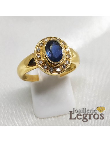 Bague Saphir bleu or jaune 18 carats et ses 15 diamants "Bleu profond" En savoir plus