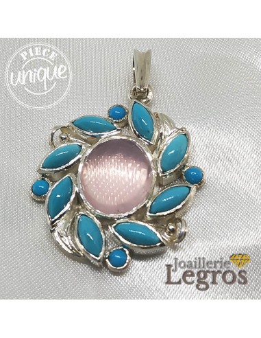 Pendentif Quartz rose et Turquoises original en argent 925 de votre