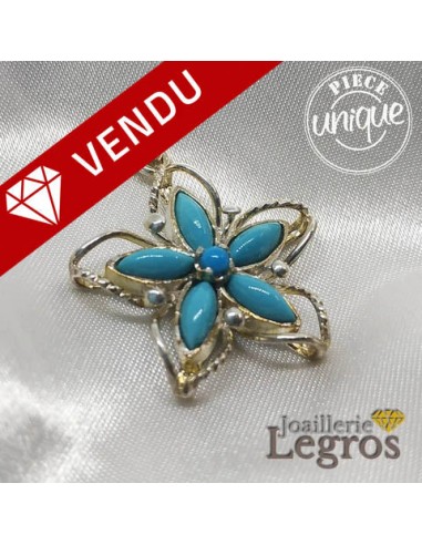 Pendentif Fleur 6 Turquoises en argent 925 de l' environnement