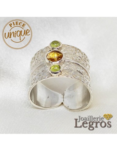 Bague feuille argent 925 avec 2 péridots et 1 citrine des créatures d'habitude