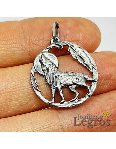 Pendentif Loup sous la lune médaille argent 925 pas cher 