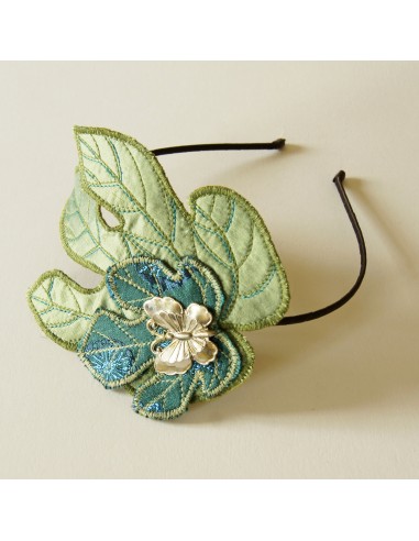 Fig Leaves headband fascinator in green and blue silk botanical accessory en stock