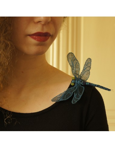 Fiber Art Dragonfly brooch or hair fork blue silk soldes