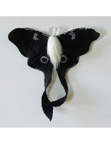 Black & White Luna Moth Fiber Art Brooch Collaboration with Nuit Clothing Atelier 2023